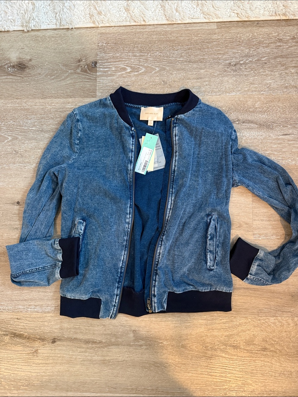 Skies Are Blue Washed Denim Bomber Jacket with Navy Trim